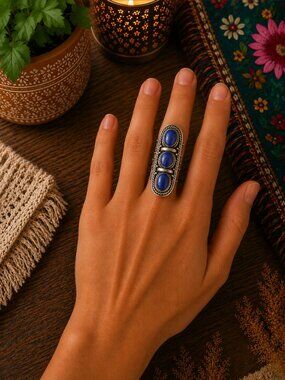 Silver Three-Stone Lapis Statement Ring - Blue
